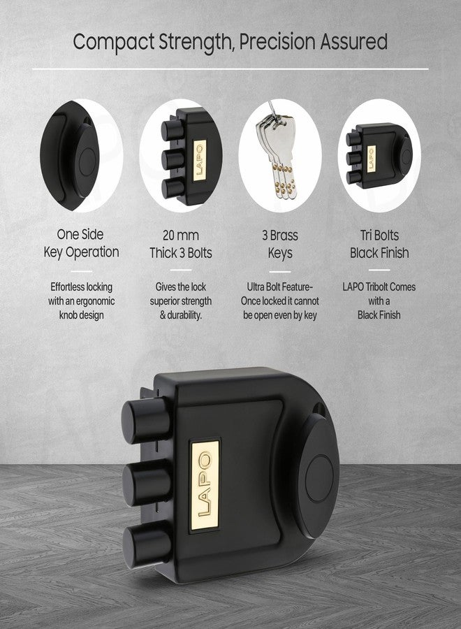 LAPO Black TriBolt Deadbolt Lock, Modern Main Door Security Lock for Wooden Door, Fixed Cylinder with 4 Brass Keys, Suitable for Inside&Outside Opening, Heavy Duty Design for Long-Lasting Protection - Image 4